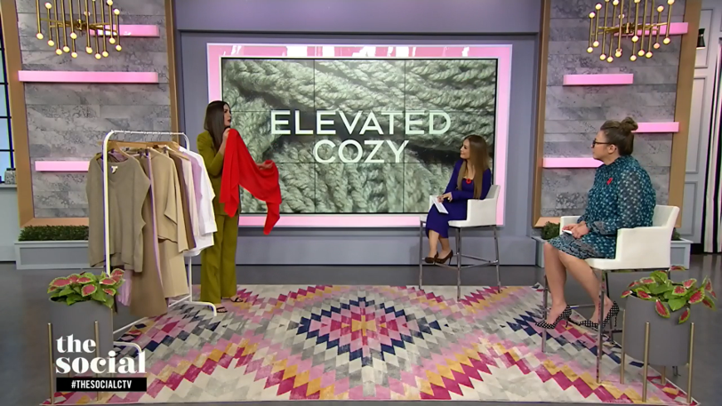 CTV The Social Erica Wark celebrity stylist TV personality featured elevated cozy red Altesse Cashmere women's shawl scarf Toronto Ontario Canada